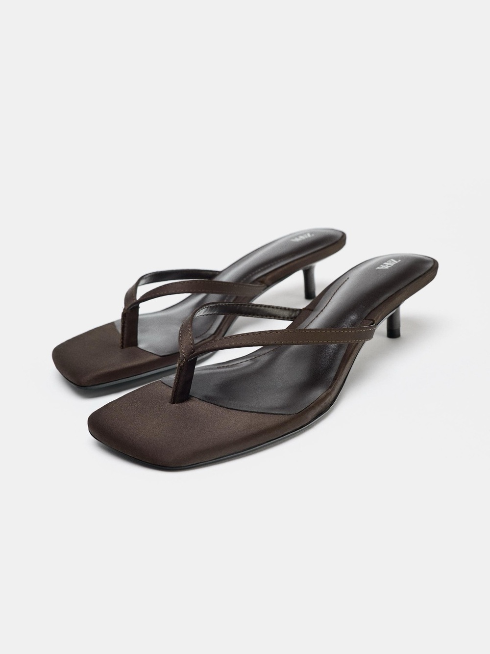 NWT Zara Dark Brown Satin Thong Kitten-Heel Sandals